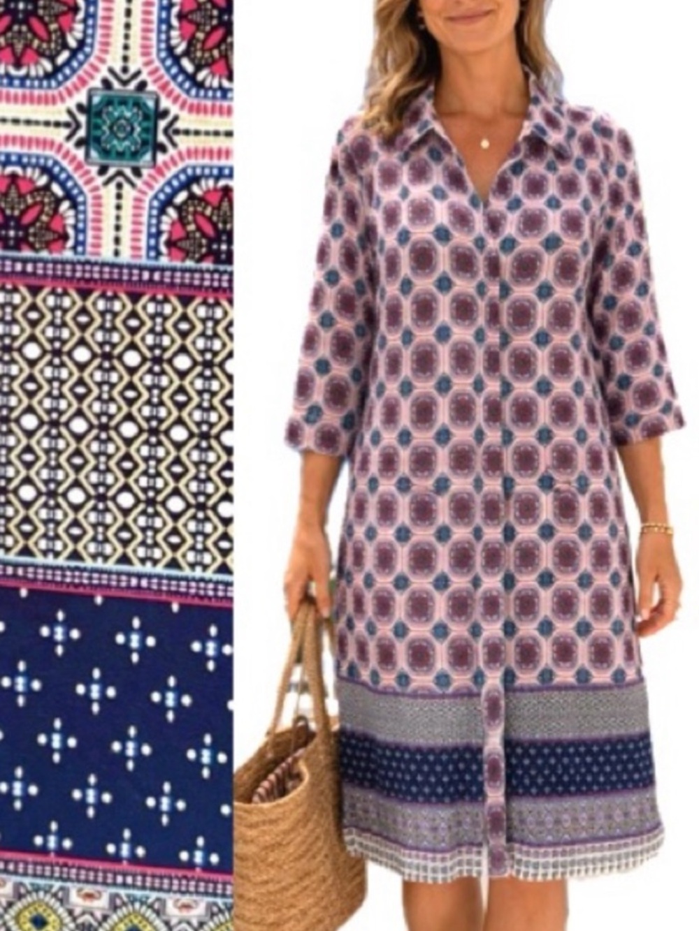 Chico's Medallion Tile Mixed Print Shirt Dress Size 3P, 16, XL Button Midi Dress